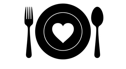 A black silhouette of a plate with a heart in the center, accompanied by a fork and spoon, isolated on a white background, symbolizing love for food or healthy eating