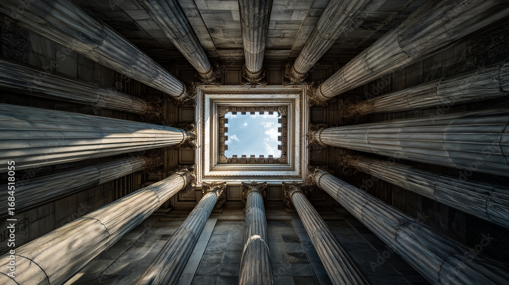 Aufkleber worm's eye view of architectural columns forming a square frame around the sky above