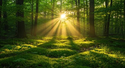 Obraz premium sun rays through the forest