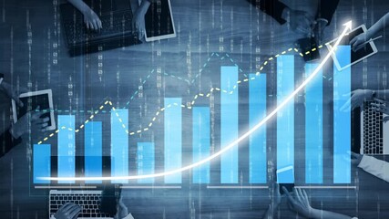 A dynamic team collaborates in an office setting, analyzing financial data and utilizing modern devices to visualize trends and strategies for business success. Copula - Powered by Adobe