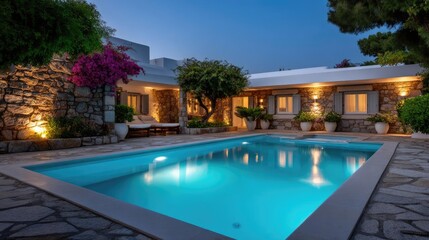 Square pool in the Greek villa garden concept. A stunning house with a glowing pool during twilight hours.