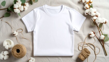White t-shirt on a textured background with cotton flowers and rope.