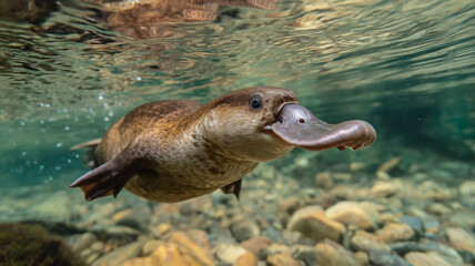 Fototapeta premium Ornithorynque nageant sous l’eau