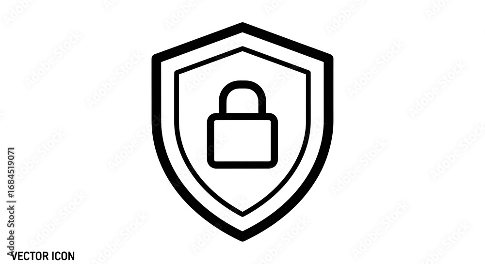 Poster a vector icon showing a black outline of a shield containing a black outline of a padlock inside it