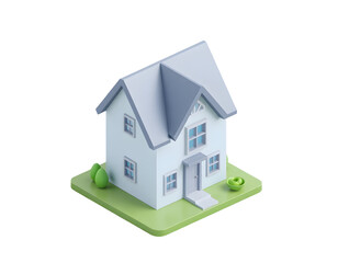 Cute 3D Cartoon House with Garden and Bushes