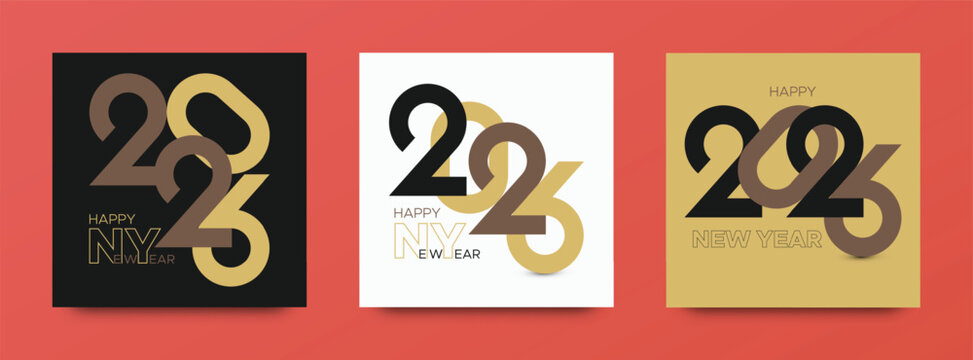 Modern square layout for Happy New Year 2026 with overlapping typography in elegant black, gold, and white tones. Perfect for social media posts, banners, and greeting cards