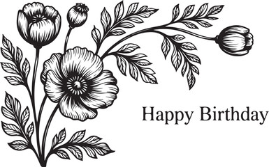 Striking Poppy Flower Vector: A black and white hand-drawn illustration featuring detailed poppy blossoms, buds, and leaves for various design projects.