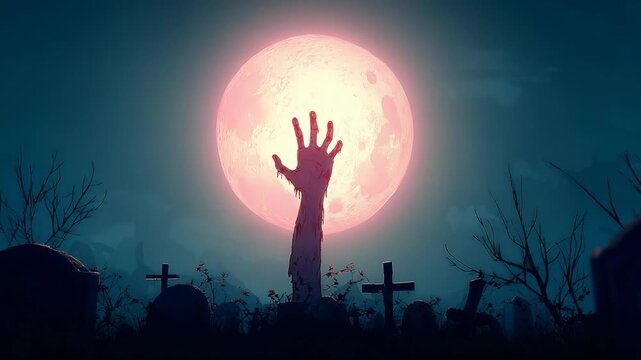 Spooky Halloween animation: zombie hand emerges from grave under full moon, loop for horror intro or backdrop