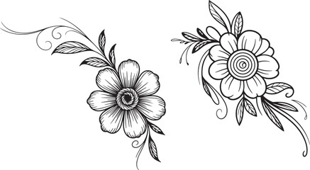 Elegant Corner Floral Vectors: A set of two black and white decorative illustrations featuring hand-drawn flowers, leaves, and swirls.