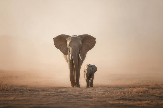 &Eacute;l&eacute;phanteau avec sa m&egrave;re dans la savane