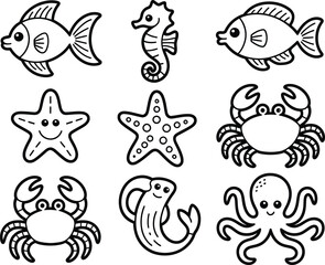 Black silhouette illustrations of sea creatures arranged in a white background.