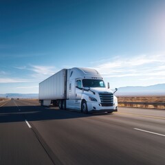 Long haul cargo truck traveling fast on asphalt road, perfect for transportation, shipping, supply chain and logistics industry visuals.