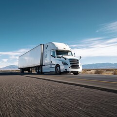 Modern white semi truck with trailer driving on open highway in desert landscape under clear blue sky, commercial freight transport logistics concept.