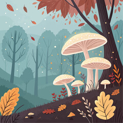 Obraz premium Vector Illustration of Dreamlike Autumn Forest with Glowing Mushrooms and Floating Leaves