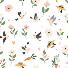 Charming spring meadow illustration featuring adorable birds gentle flowers and whimsical garden hats