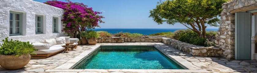 Fototapeta premium Square pool in the Greek villa garden concept. Beautiful villa with pool overlooking the ocean and vibrant flowers.