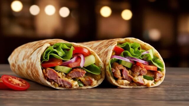 Savory meat wrap with fresh vegetables and herbs on wooden table