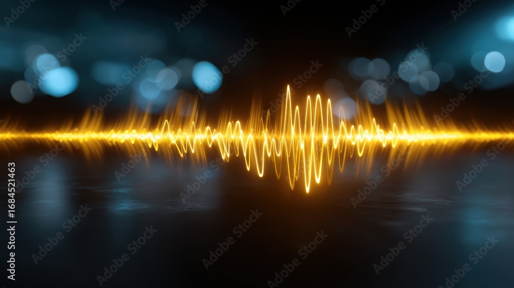 Poster digital sound wave visualization with vibrant colors and blurred lights in the background.