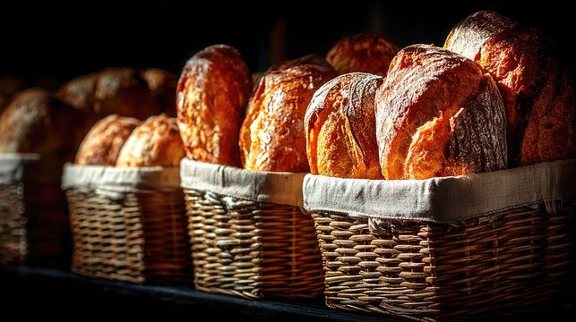 Rows of rustic loaves in wicker baskets