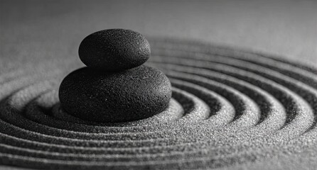 Black stones balanced on a sand mandala