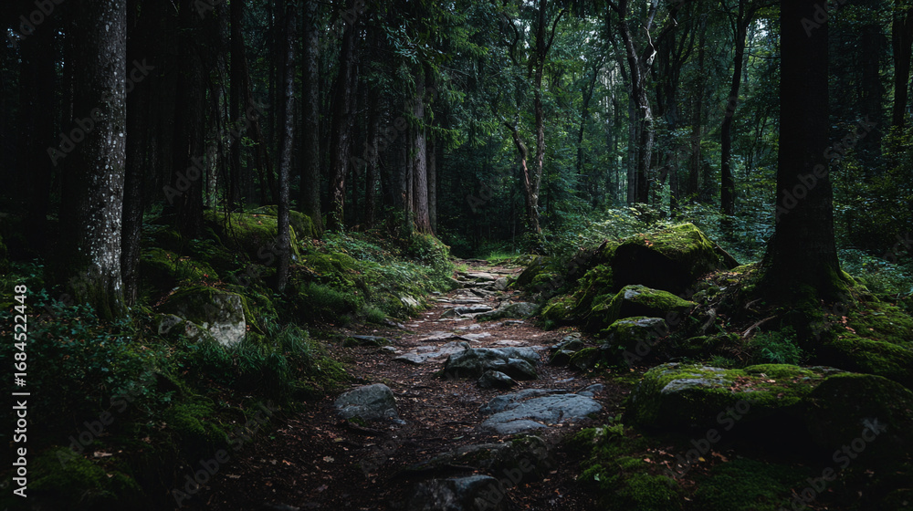 Poster A forest path winding through dense trees with moss covered rocks on either side