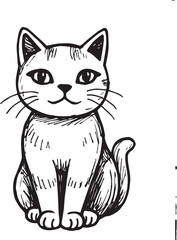 Cat Doodle Black and White Illustration Vector Image Cute Kitten Sketch Line Art Drawing Silhouette