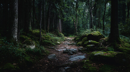 Fototapeta premium A forest path winding through dense trees with moss covered rocks on either side