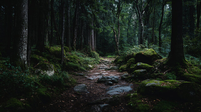 A forest path winding through dense trees with moss covered rocks on either side