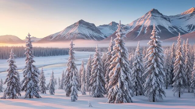 Snow-covered pines in a winter landscape with mountains and a soft, colorful sky