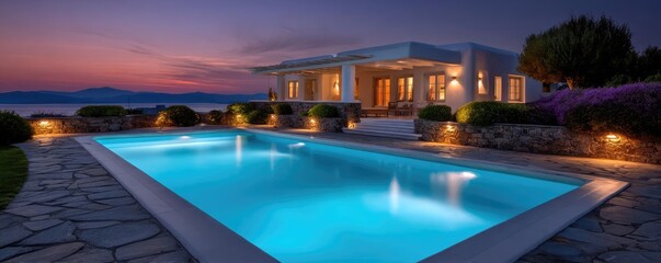 Fototapeta premium Square pool in the Greek villa garden concept. Stunning modern villa with a glowing pool at sunset.