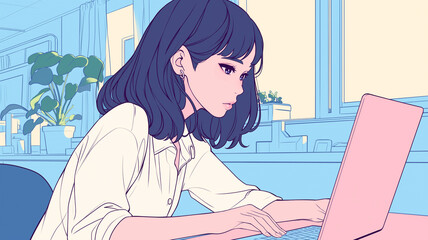 日本のアニメーション風イラスト 若い女性 ノートパソコンで作業するシーン 部屋の窓から差し込む光 植物やインテリアに囲まれた快適な空間 リモートワーク 勉強や仕事のイメージ素材