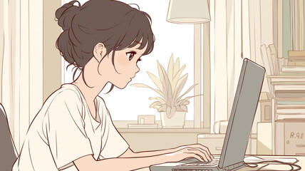 日本のアニメーション風イラスト 若い女性 ノートパソコンで作業するシーン 部屋の窓から差し込む光 植物やインテリアに囲まれた快適な空間 リモートワーク 勉強や仕事のイメージ素材