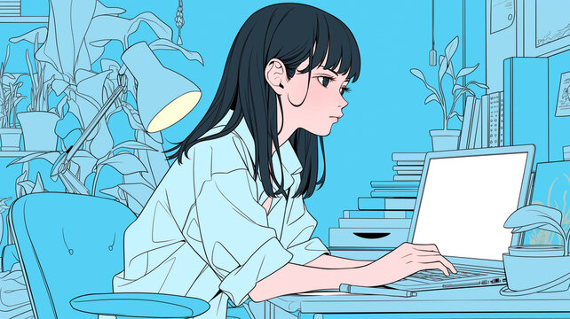 アニメ風イラスト 黒髪の女性 自宅でノートパソコンを操作する姿 部屋の植物や本に囲まれたリラックスした雰囲気のワークスペース 在宅勤務 テレワーク 自由なライフスタイルを描いたイメージ
