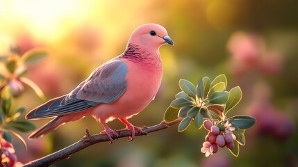 Fototapeta premium Pink dove perched on branch, bathed in sunlight