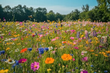 Vibrant Wildflower Meadow in Full Bloom with Pollinator Activity
