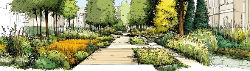 Obraz premium Drawing of street using sustainable urban design concept. A vibrant garden path showcasing diverse plants and greenery.