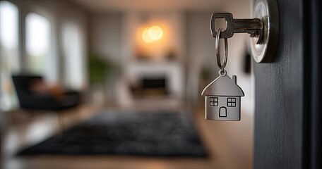 House key in door, blurred interior view