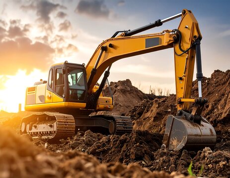 A powerful yellow excavator works on a dirt pile at golden hour, showcasing robust machinery and earth-moving efforts.