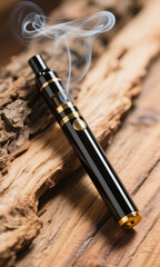 Naklejka premium Sleek black electronic cigarette producing a stream of vapor, stylishly positioned on a textured piece of natural wood, highlighting modern vaping culture and lifestyle choices