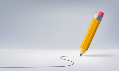Yellow wooden pencil sketching tracing line strokes on a white gray background