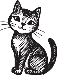 Cat Doodle Black and White Illustration Vector Image Cute Kitten Sketch Line Art Drawing Silhouette