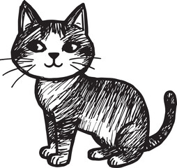 Cat Doodle Black and White Illustration Vector Image Cute Kitten Sketch Line Art Drawing Silhouette