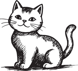 Cat Doodle Black and White Illustration Vector Image Cute Kitten Sketch Line Art Drawing Silhouette