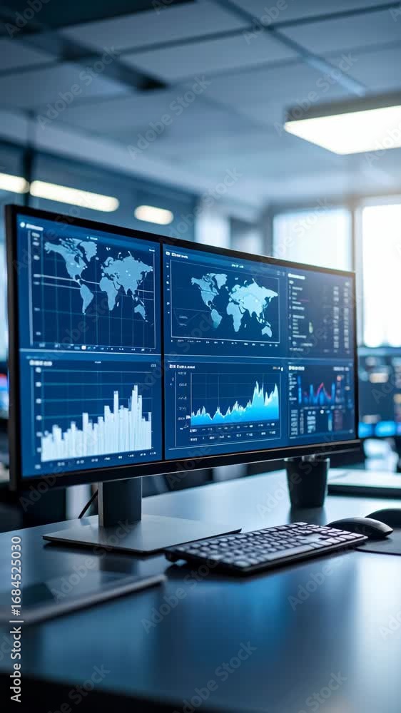 Poster multiple computer screens displaying world maps and financial data charts in a modern office environ