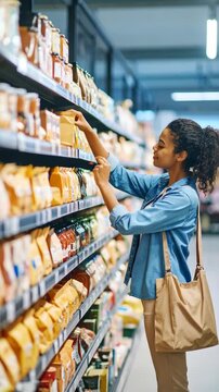 Woman shopping for groceries in supermarket, browsing shelves, selecting food item in packaging, market purchase, consumer behavior