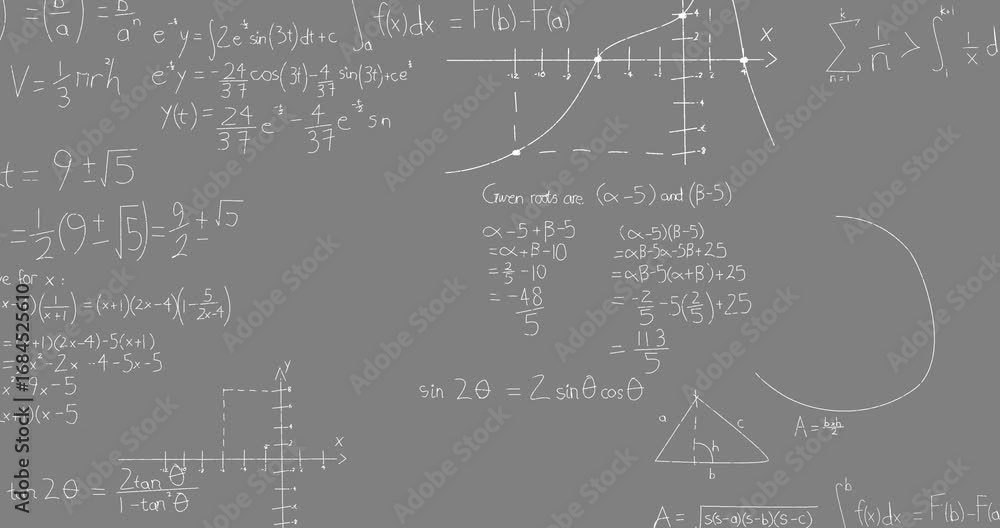 Poster animation of math graps and data over grey background