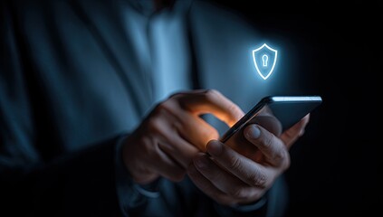 Person using a phone with a security shield overlay