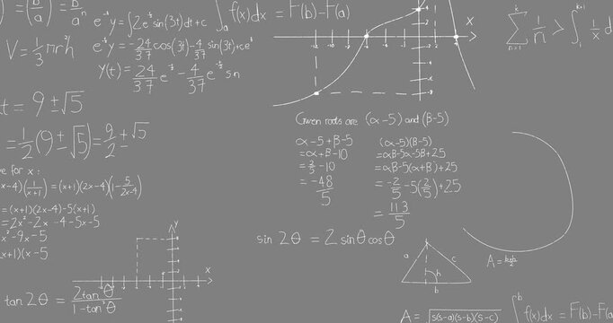 Animation of math graps and data over grey background