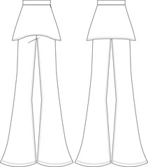 with skirt fringed high rise waist wide leg palazzo fit and flared elastic banded pant trouser template technical drawing flat sketch cad mockup fashion woman design style model 
