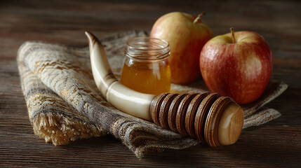 Still life featuring rosh hashanah symbols on a rustic wooden surface with soft lighting